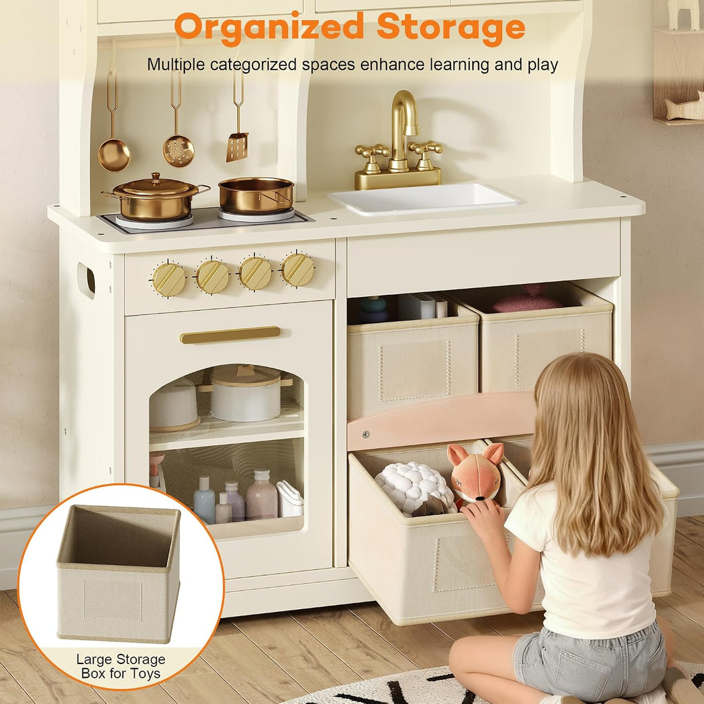 knoworld Play Kitchen for Kids, Wooden Toy Kitchen Set with Smart Storage & Accessories, Toddler Kitchen Playset with Stove & Oven, Pretend Play Set, Gift for Ages 3+, White