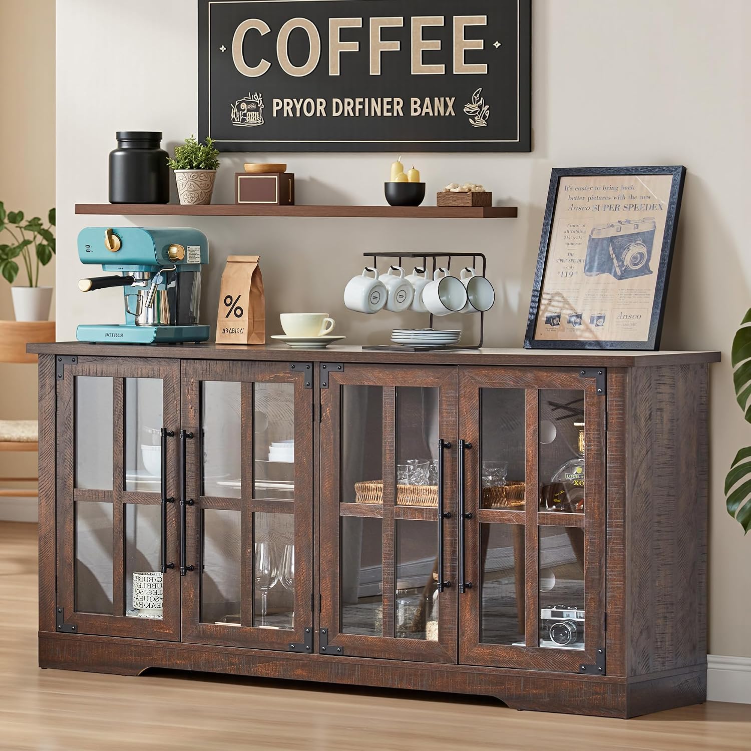 AMERLIFE Farmhouse 63' Buffet Sideboard Cabinet with Glass Door, Large Storage Cabinet with Adjustable Shelf, Wooden Coffee Bar Station for Kitchen, Dinning Room, Brown