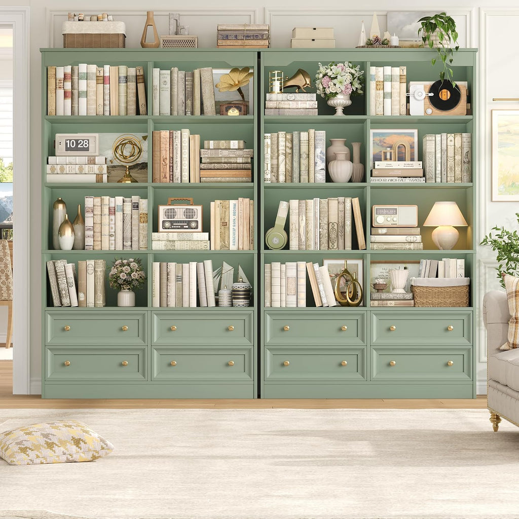 FINETONES 71' Tall Bookshelf with 4 Drawers, 6-Tier Double Wide Bookshelves and Bookcases with Storage, Green Bookshelf Large Open Bookshelves Standing Book Cabinet for Home Office