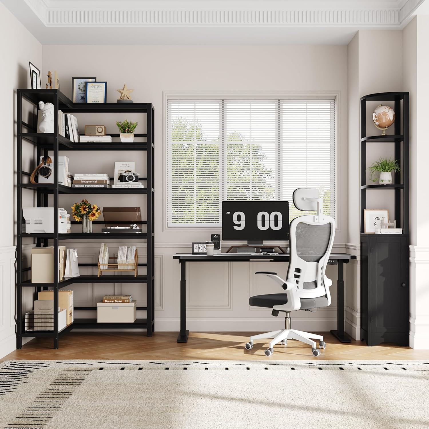 Keyluv Black Corner Bookshelf 72' Tall Corner Book Shelves Cases 2 Pieces Open Bookcase Large Storage Display Shelf Standing 6 Tier Shelving Unit with Cabinet for Home office Living Room, Wood & Metal