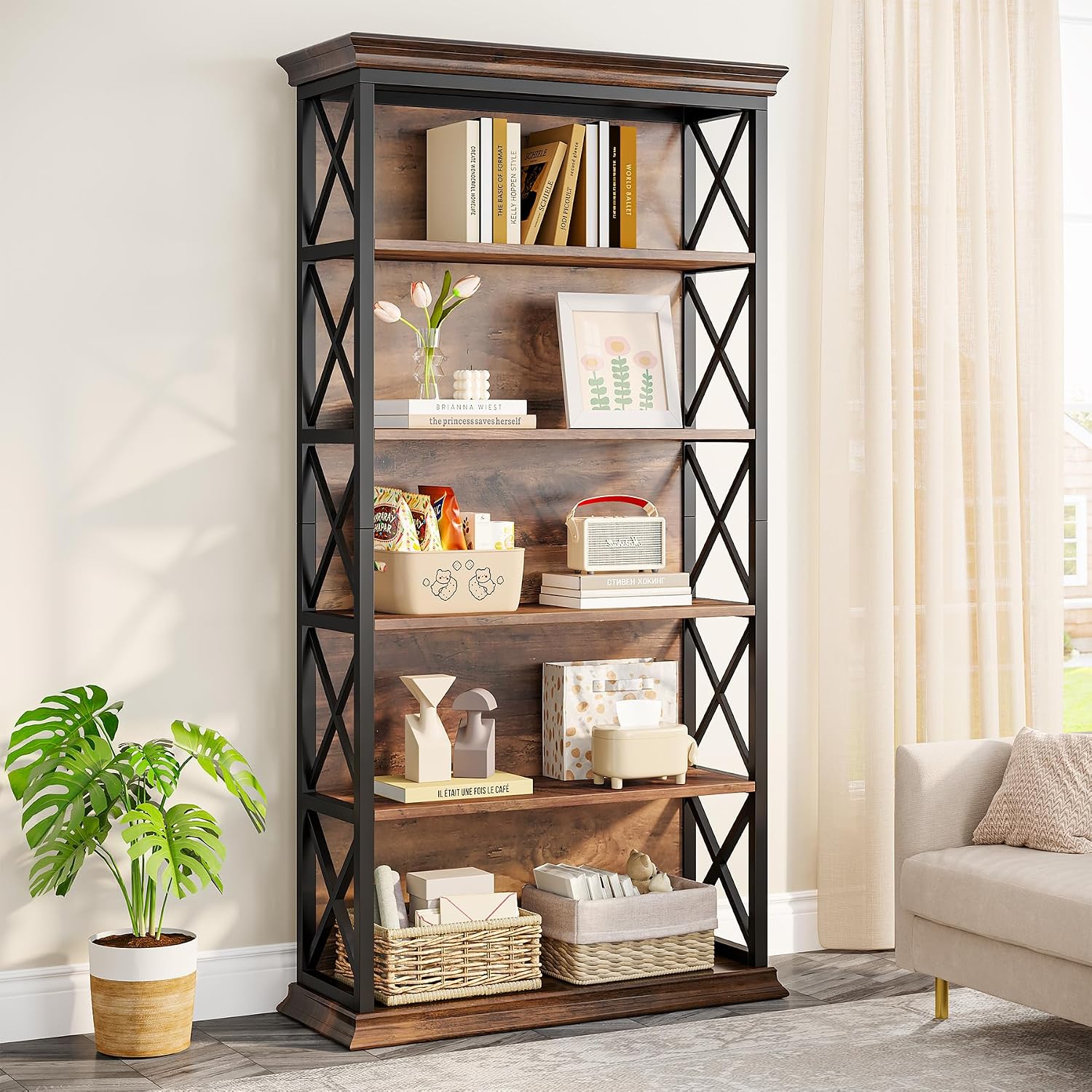 Tribesigns 6-Tier Bookcase, 71 Inches Industrial Bookshelves and Bookcases, Floor Standing 5 Shelf Display Storage Shelves Tall Bookcase for Home Office, Living Room, Bed Room, Brown and Black
