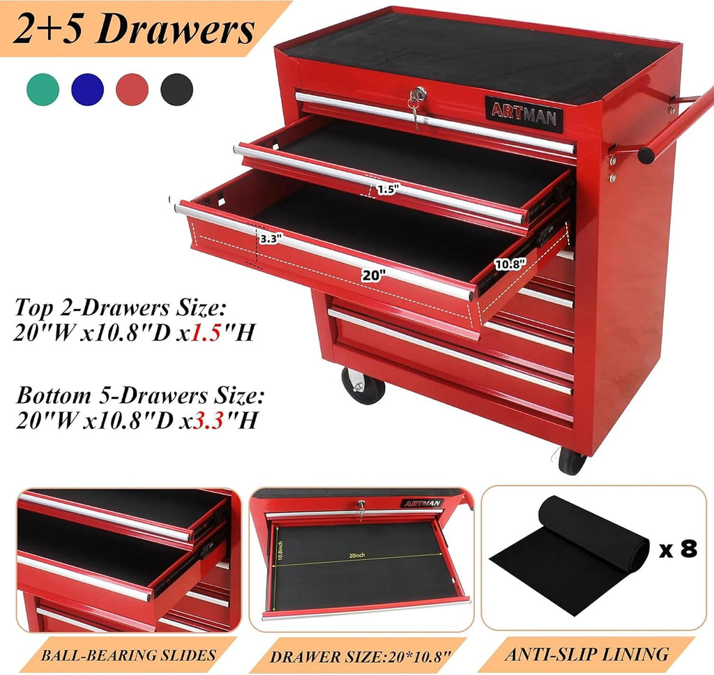7-Drawer Metal Rolling Tool Cart on Wheels,Tool Storage Cabinet With Locking System,Multifunctional Tool Box Tool Chest with Wheels for Garage, Warehouse,Repair Shop,Workshop (Red)
