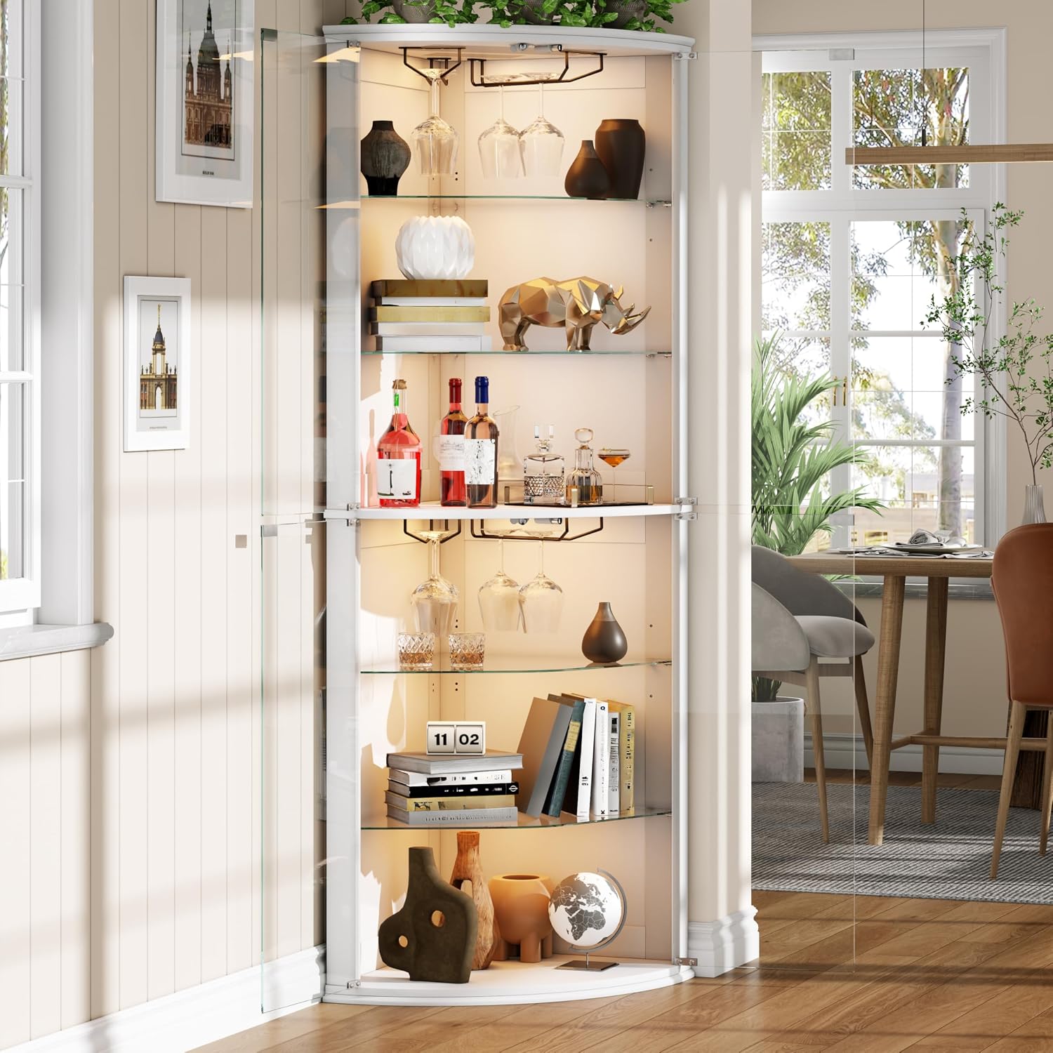 Loomie 70' Corner Bar Cabinet with LED Lights, 6-Tier Modern Wine Cabinet with Glass Door & Glass Holder, Tall Home Bar Liquor Cabinet with Adjustable Shelves for Dining Room, Living Room (White)