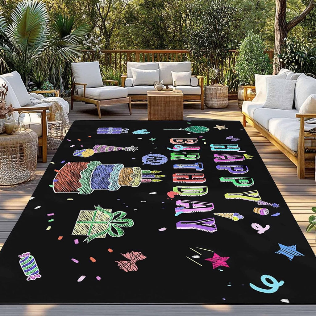 Outdoor Rug 4x6ft Happy Birthday Colorful Line Cake Present Box Patio Area Rugs Waterproof Easy Cleaning Non Shedding Thick Mats Black Carpet for Indoor Outdoor Porch Deck Backyard Balcony