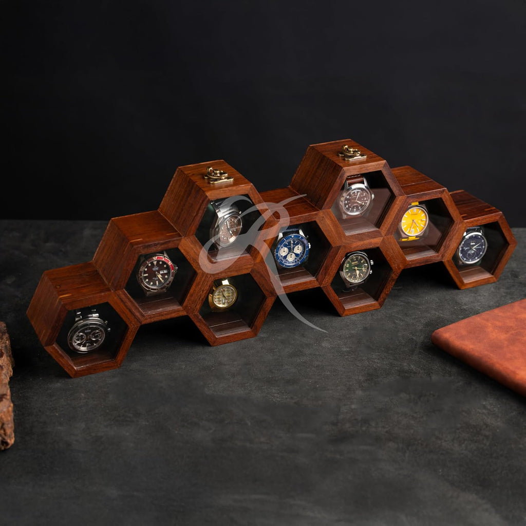 Royal Craft Expertise Honeycomb 9-Slot Wooden Watch Organizer for Men & Women – Handmade Solid Indian Rosewood Watch Display & Storage Box, Mens Watch Display Case, Best Gift for Him.
