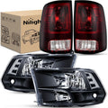 Nilight Headlight and Taillight Assembly Combo Compatible with 2009 2010 2011 2012 2013 2014 2015 2016 2017 2018 Dodge Ram for Quad Models Black Housing Clear Reflector with Dark Red Tail Light