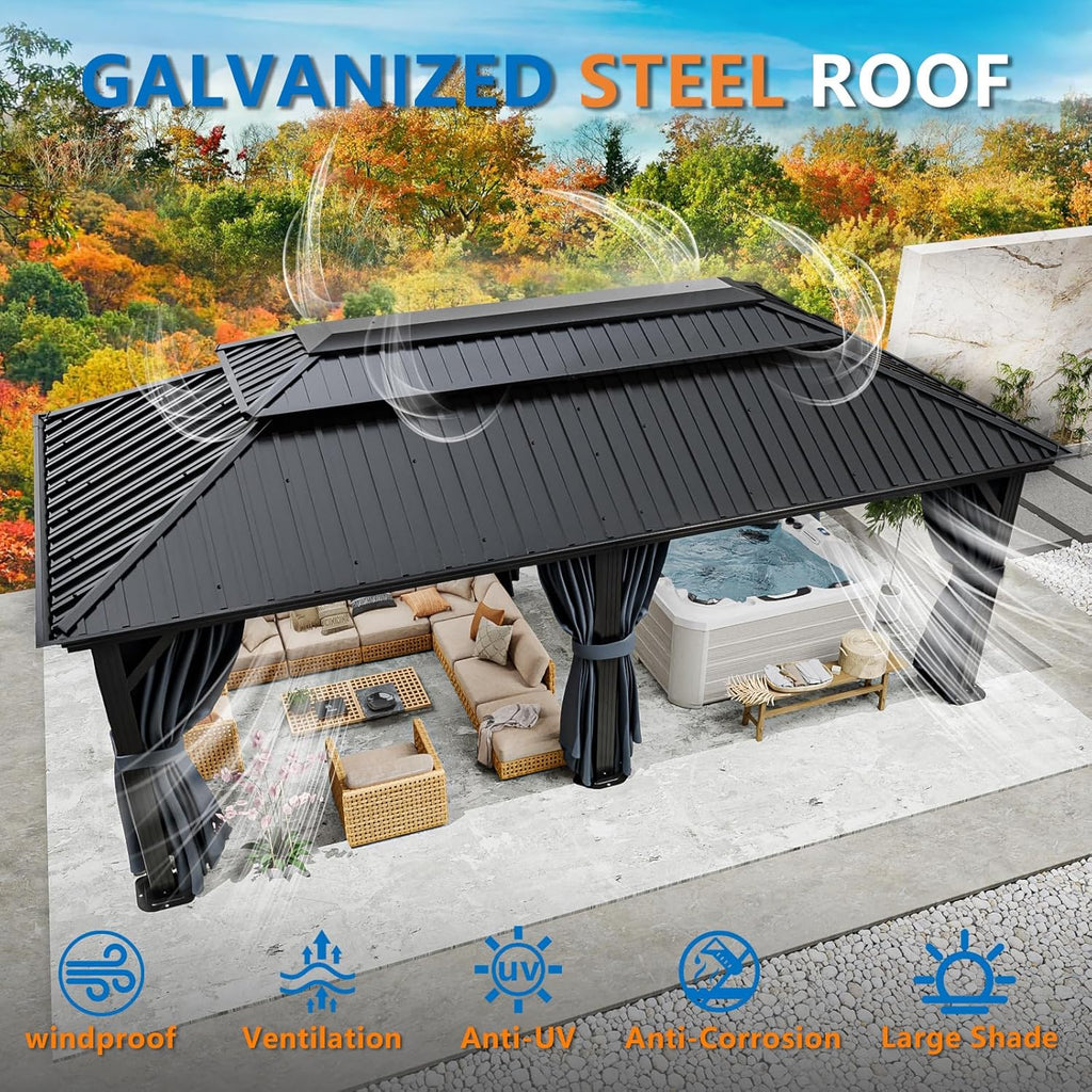 HOTEEL 12x20 Hardtop Gazebo with Metal Roof & Drainage System, Heavy Duty Galvanized Steel Gazebo with Reinforced Aluminum Frame, Privacy Curtains and Netting, for All-Weather, Black (2025 Upgraded)