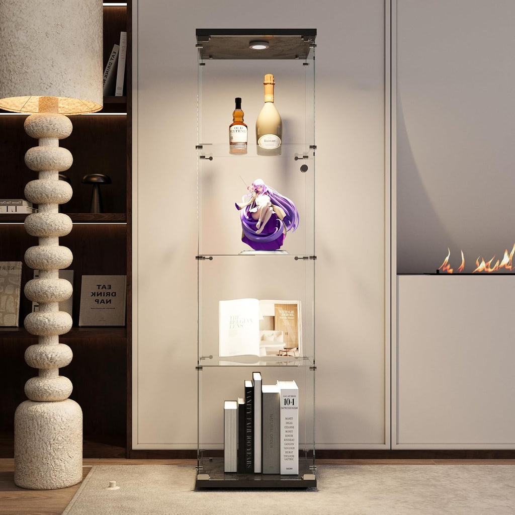 JT Glass Display Cabinet 4 Shelves with Light and Door, Easy to Install, Solid Tempered Glass, Floor Standing Curio Bookshelf for Living Room Bedroom Office (Black)
