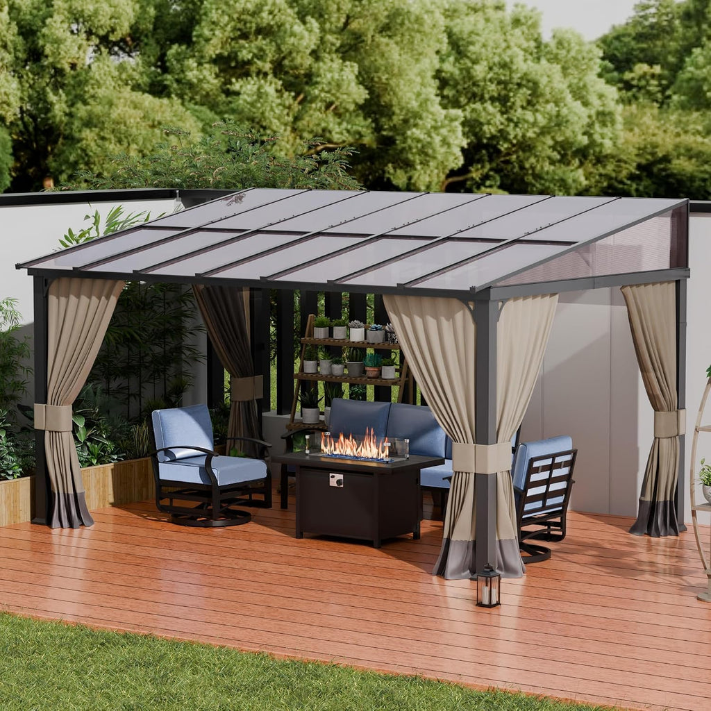 ALAULM 10'x 14' Outdoor Hardtop Pergola,Wall Mounted Lean to Gazebo with Curtains and Netting,Galvanized Metal Frame,Sunshade for Patio, Backyard, Deck and Lawns-Sand