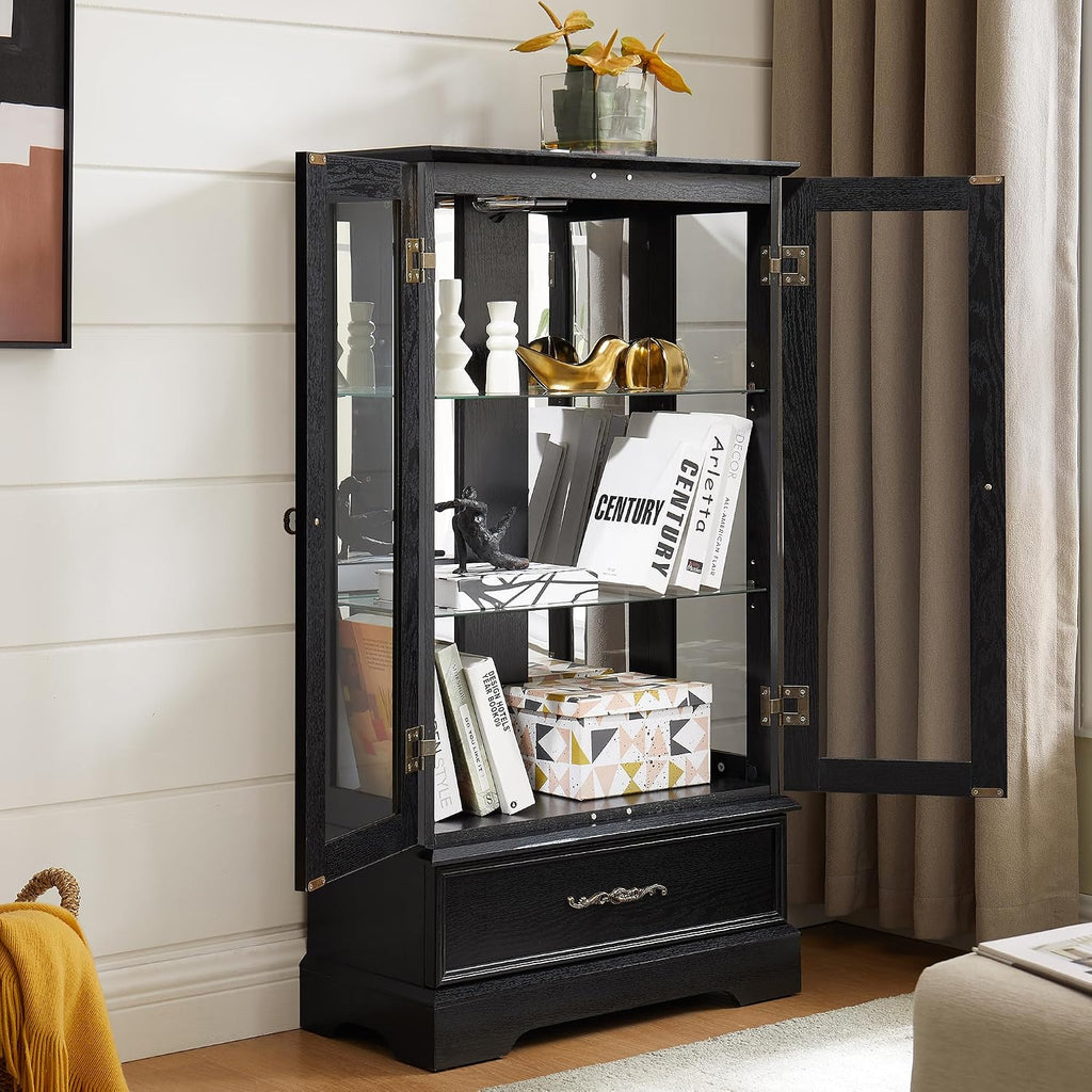 Display Cabinet with Glass Doors Drawer, Lighted Curio Cabinet with Adjustable Glass Shelves and Mirrored Back Panel, Retro Floor Standing Storage Cabinets for Living Room, Black