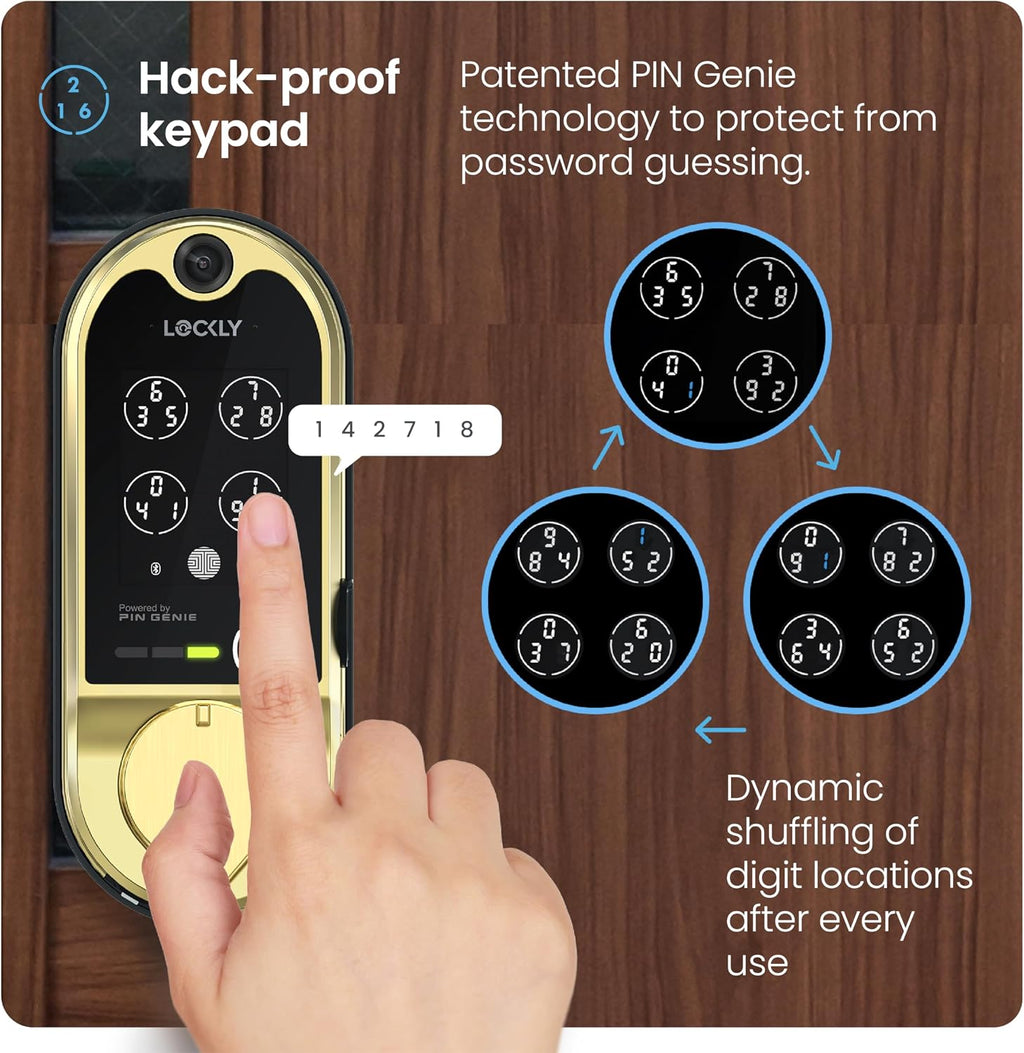 Lockly Vision Smart Lock with HD Video Doorbell, Fingerprint Door Lock for Front Door, Touchscreen Keypad, App Control, Auto Lock, No Monthly Fee - Brushed Gold