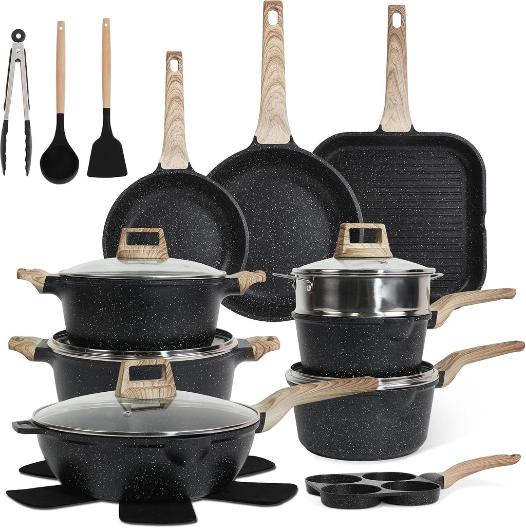 Pots and Pans Set, Nonstick Kitchen Cookware Sets，23Pcs Black Granite Induction Non-Toxic Healthy Kitchen Cooking Set w/Frying Pans, Saucepans, Griddle, EggPan（PFOS, PFOA Free）