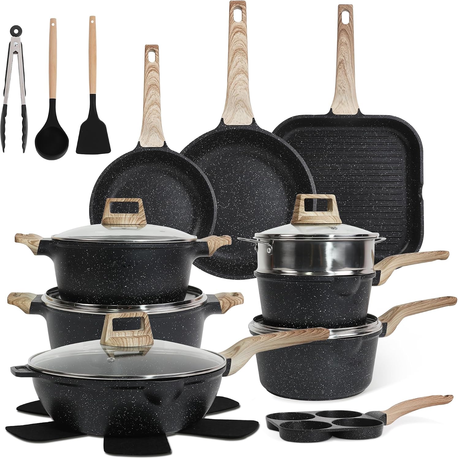 Pots and Pans Set, Nonstick Kitchen Cookware Sets，23Pcs Black Granite Induction Non-Toxic Healthy Kitchen Cooking Set w/Frying Pans, Saucepans, Griddle, EggPan（PFOS, PFOA Free）