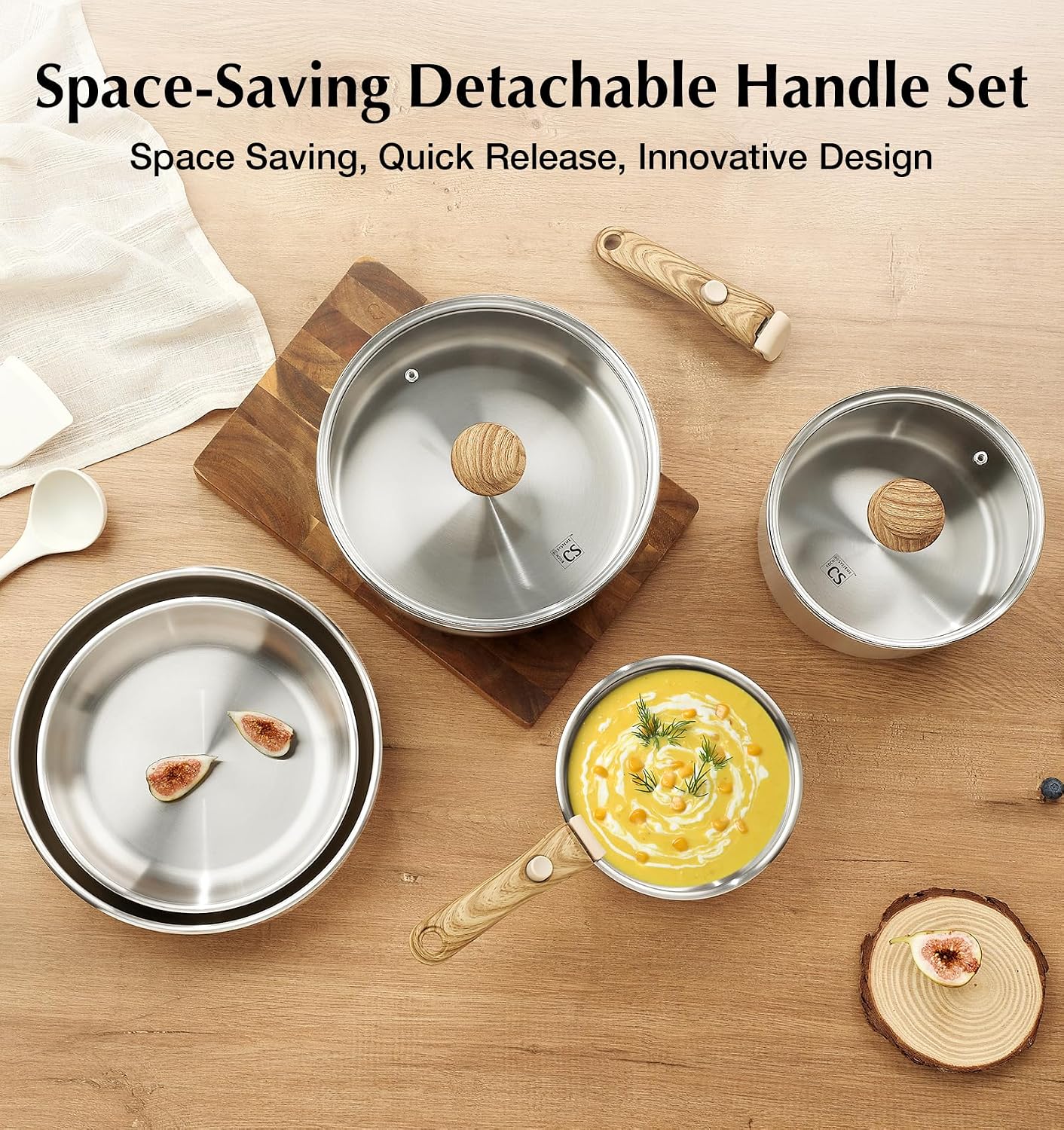 KOCH SYSTEME CS Stainless Steel Cookware Set, 18/10 Stainless Steel Pots and Pans Set 11PCS, Detachable Handle Pots and Pans for Easy Storage, Removable Handle Cooking Set, Induction Compatible