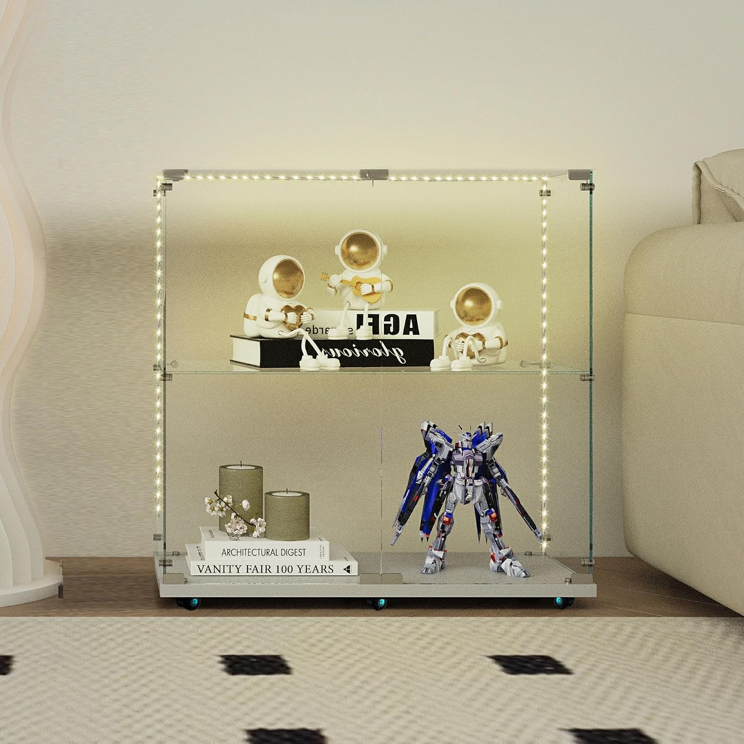34.17' Tall Tempered Glass Display Cabinet with LED Lights&Rolling Wheels, Curio Cabinet with 2 Shelves with 2 Door, Quick-Install Style Floor Standing Bookshelf File Cabinet for Living Room Office