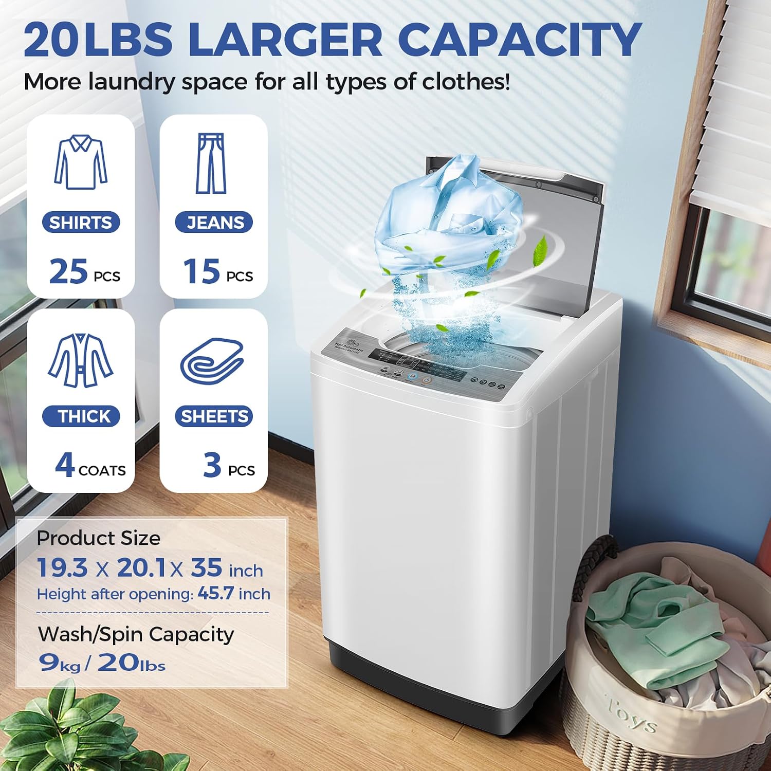Nictemaw Portable Washing Machine, 20Lbs Capacity Full-Automatic Portable Washer Machine, 2.8Cu.ft Compact Washing Machine with 10 Programs & 8 Water Levels Laundry Machine Apartments, Dorms, RVs