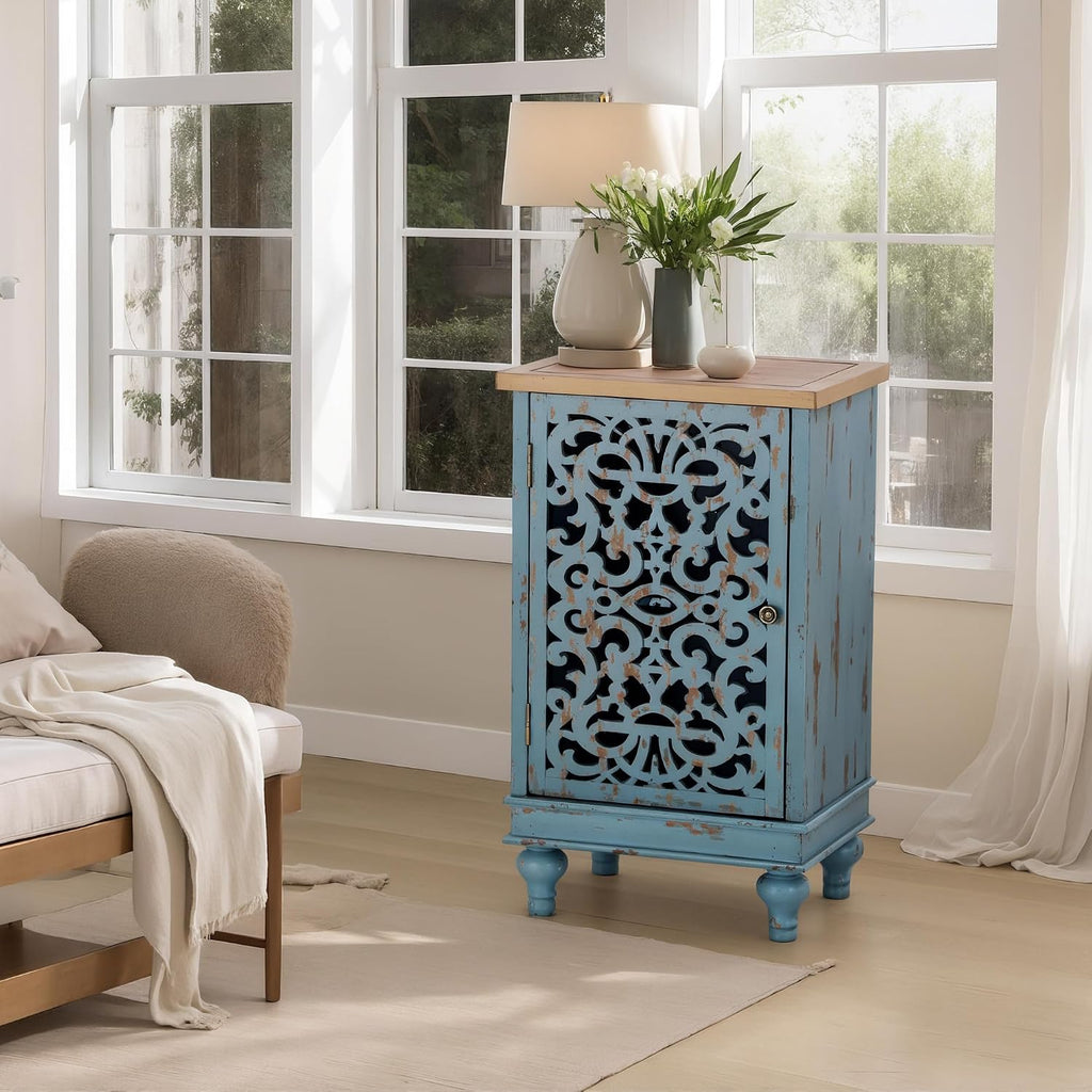 Sophia & William Small Accent Cabinet with Single Door, 31.5' Tall Side End Table, Distressed Nightstand with Hollow Carved Door, Blue