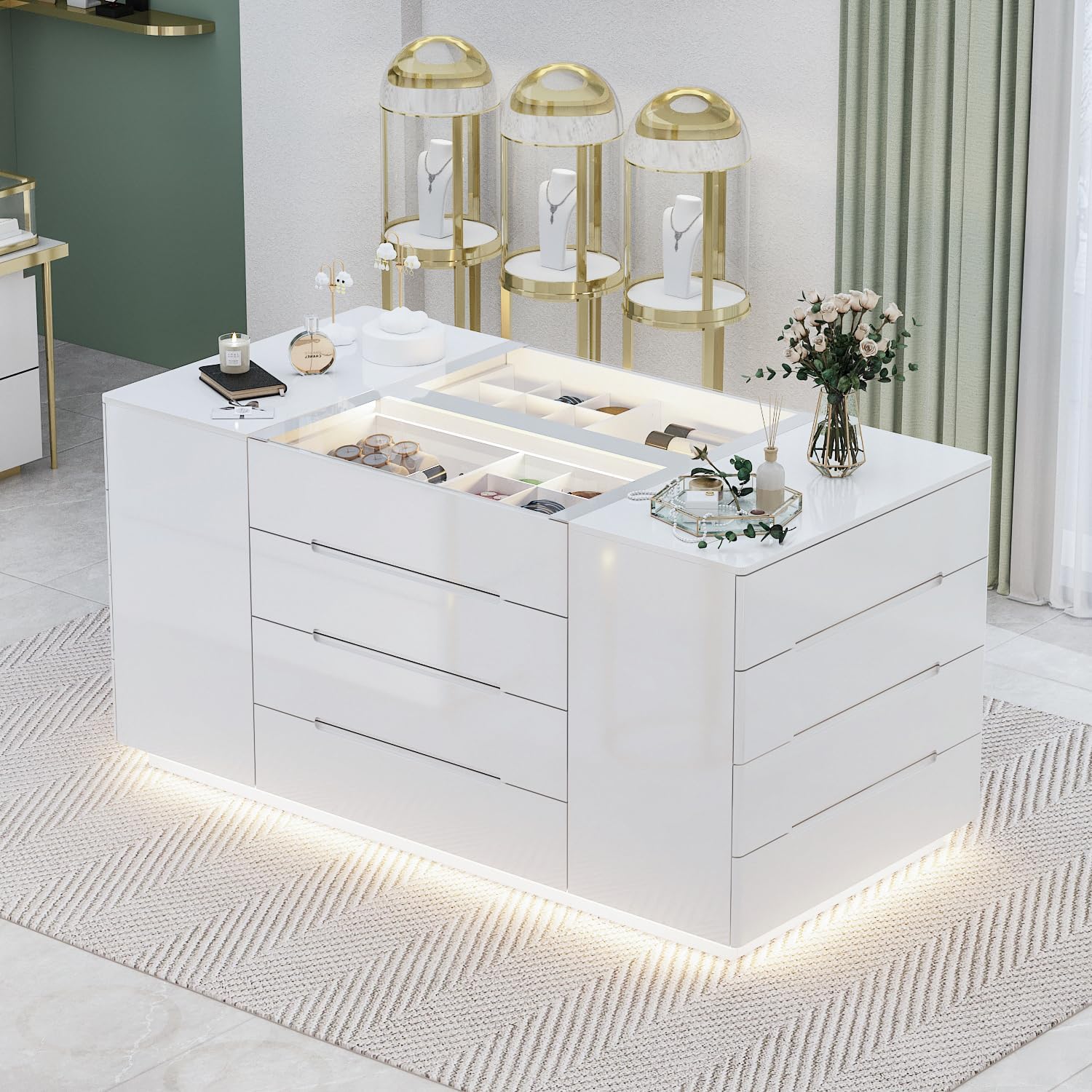 63' W Glass Display Cabinet Lighted, Walk in Closet Island for Retail, Jewelry Organizers Storage with 16 Drawers & LED Light, Collectibles Cabinet Showcase for Cloakroom Shop, Glossy White