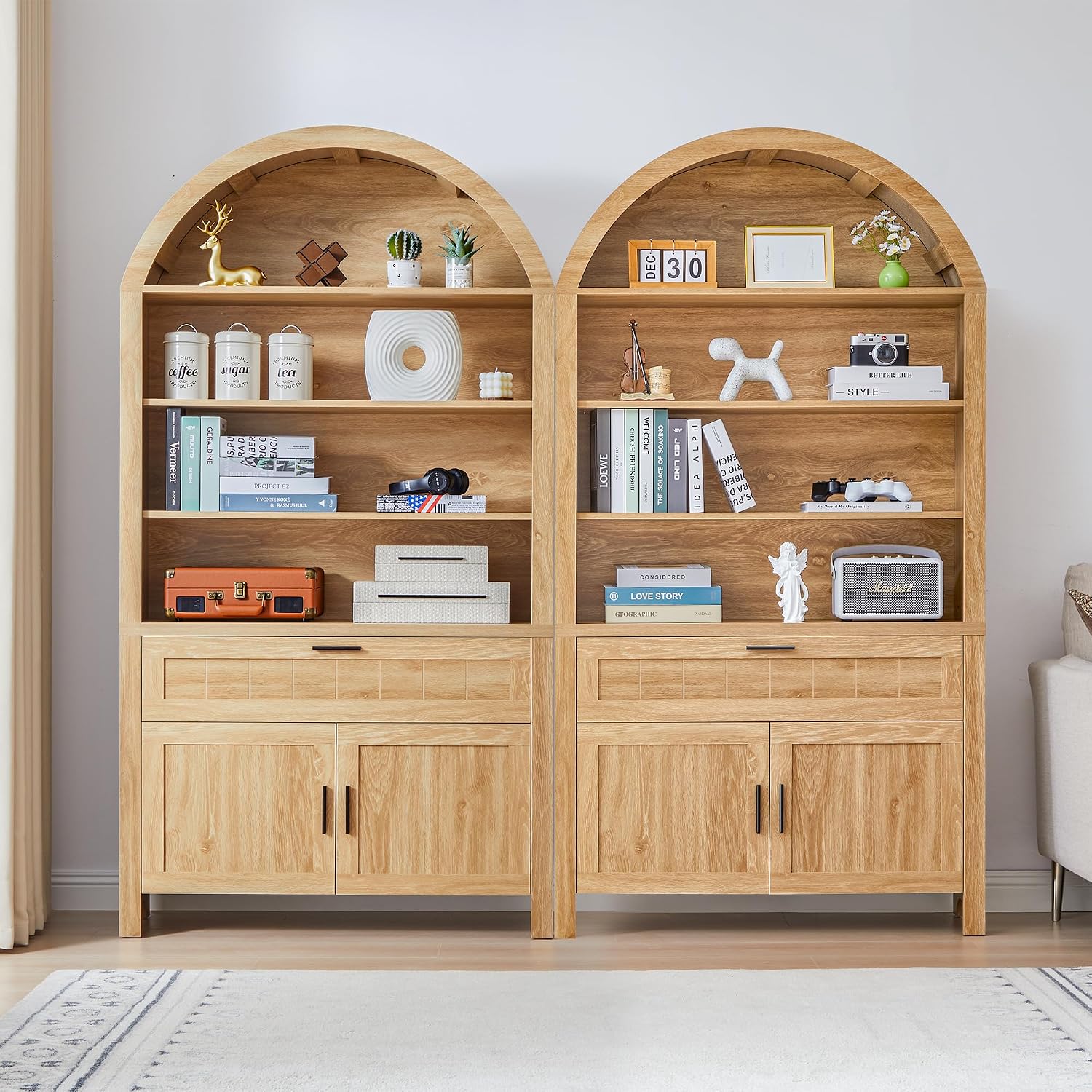 Turtle&Myrtle 73' H Large Arched Bookshelf，5-Tier Arch Bookcase with Doors，Mid Century Modern Book Shelf with Drawers，Wood Bookshelf w/Open Display Shelves for Living Room, Office (Natural, 2 Set)