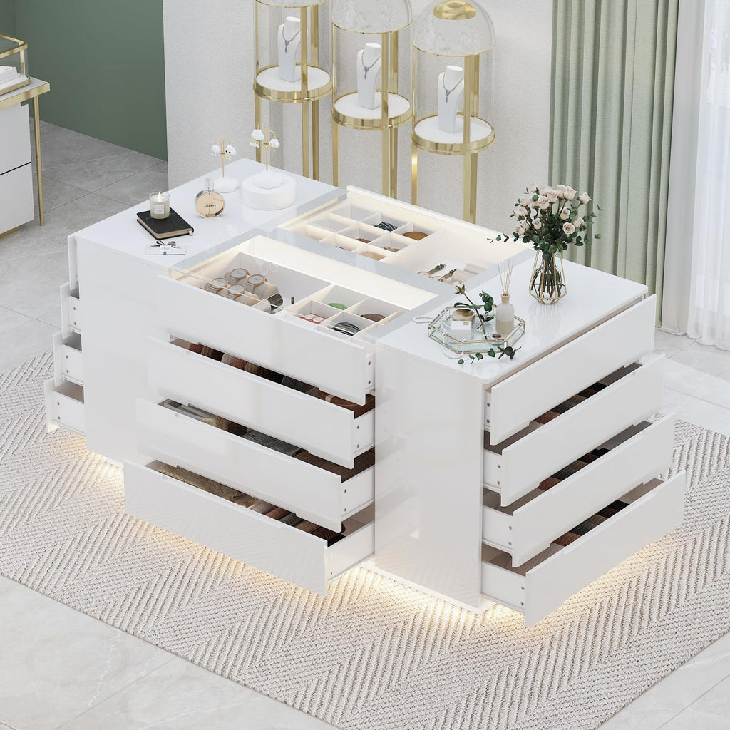 63' W Glass Display Cabinet Lighted, Walk in Closet Island for Retail, Jewelry Organizers Storage with 16 Drawers & LED Light, Collectibles Cabinet Showcase for Cloakroom Shop, Glossy White