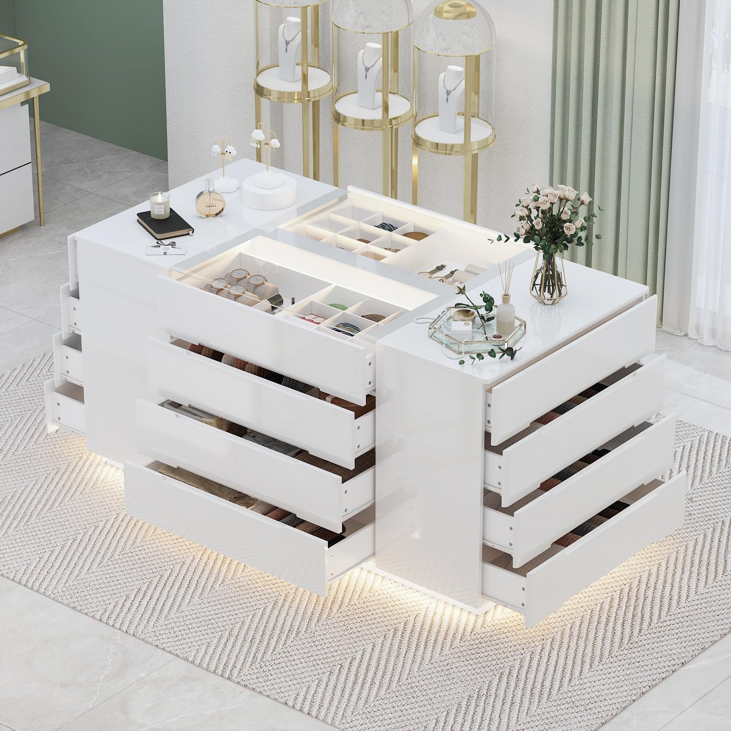 63' W Glass Display Cabinet Lighted, Walk in Closet Island for Retail, Jewelry Organizers Storage with 16 Drawers & LED Light, Collectibles Cabinet Showcase for Cloakroom Shop, Glossy White
