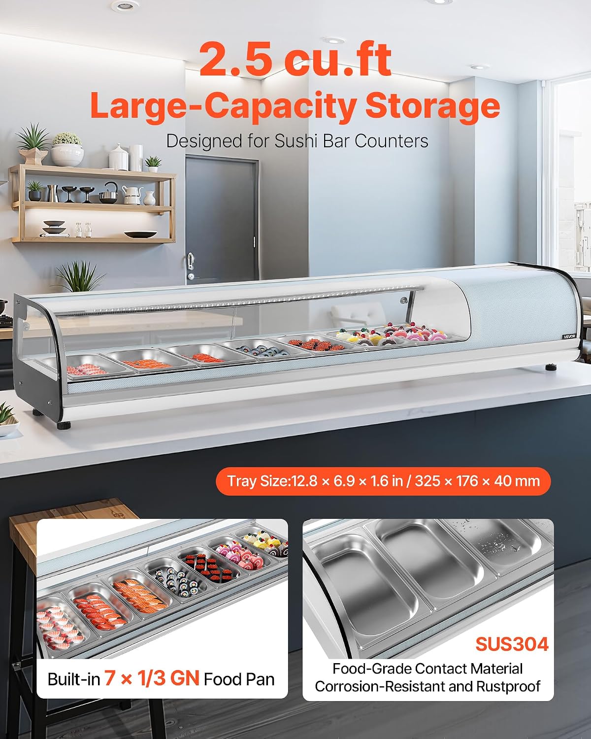 VEVOR Sushi Display Case Refrigerator, 2.5 Cu.ft Commercial Sushi Case, 7-Pan Countertop Showcase with Curved Glass, LED Lighting, and Digital Temperature Control, for Sushi-Bar, Restaurant, Store