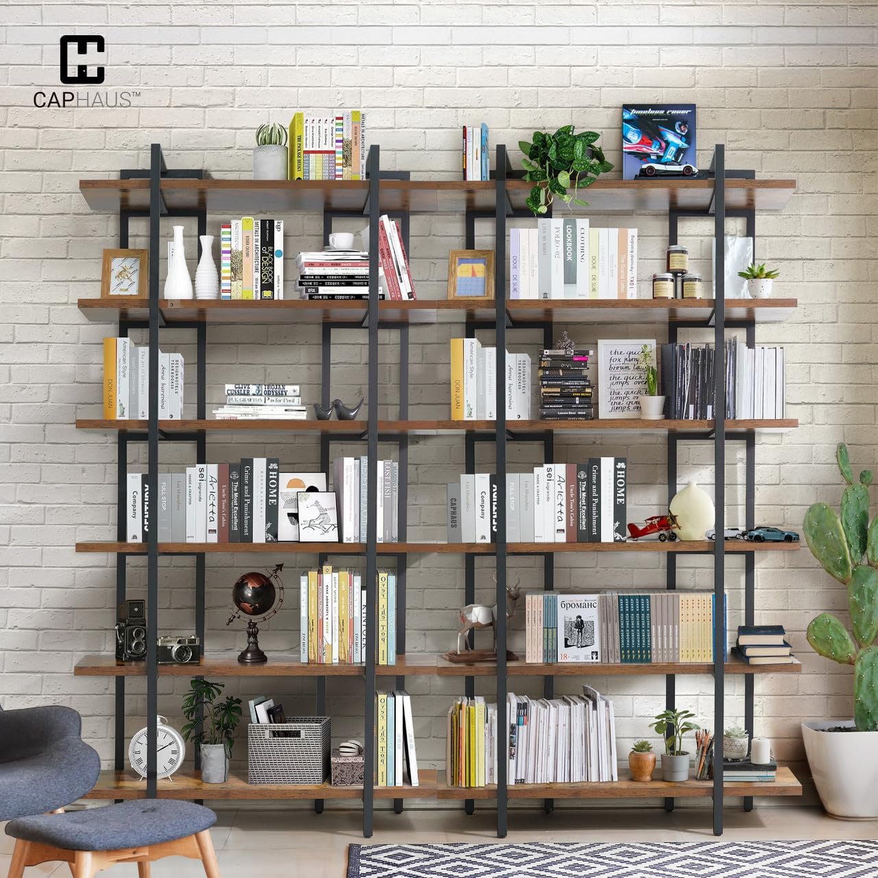 CAPHAUS 6-Tier Book Shelf, 86' H Vintage Industrial Bookcase with Open Display Shelving, Wooden and Metal Shelving Unit, Bookshelves and Bookcases, Stand Shelf for Bedroom, Home Office, Rustic Oak