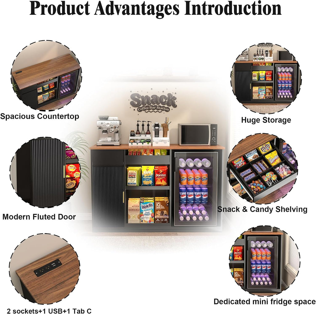 GDLF Snack Bar Cabinet with Fridge Space, Snack Organizer with Storage and Candy Display Shelf, Coffee Station for Home Theater or Game Room, 51.2' L，Black