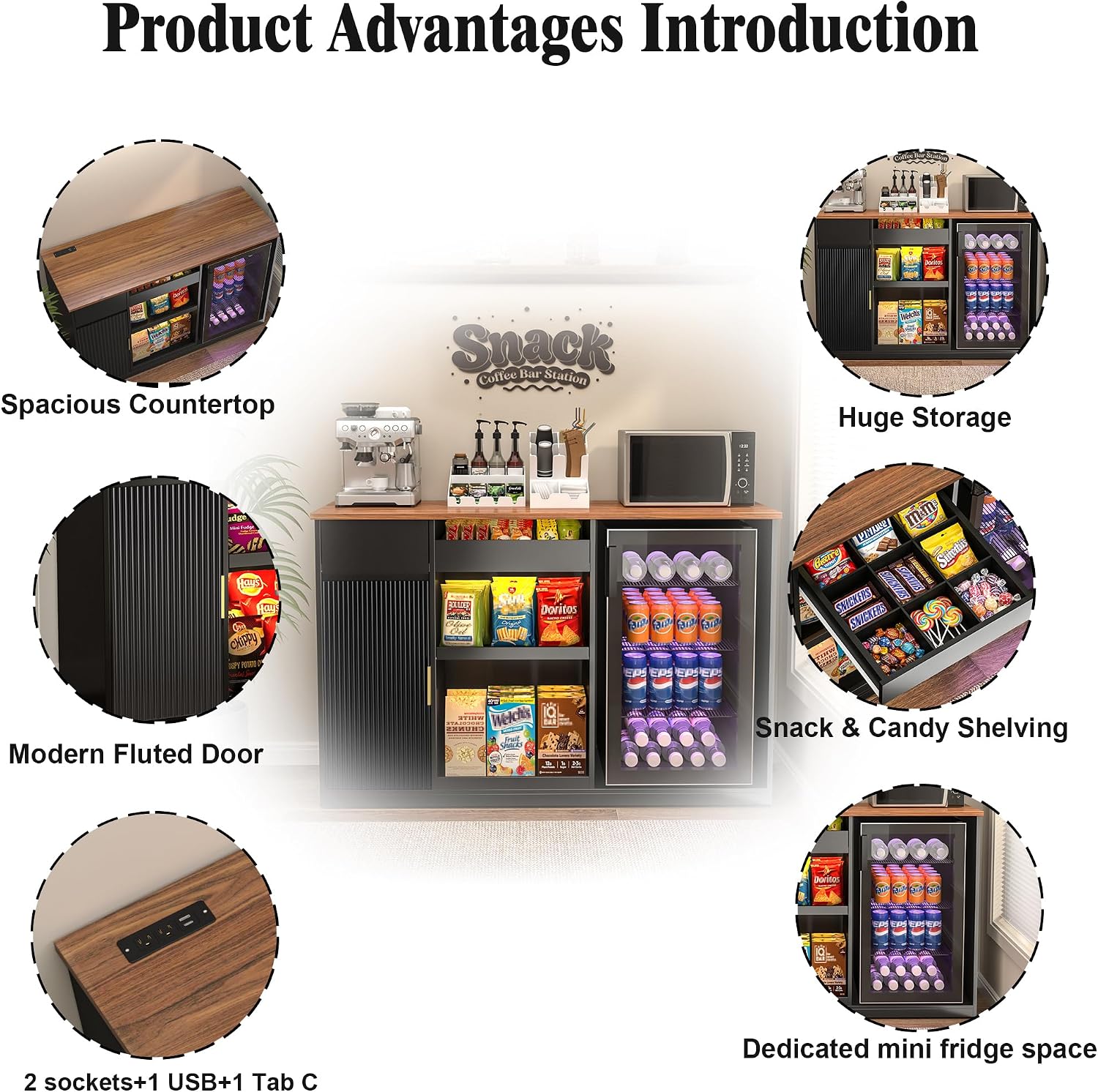 GDLF Snack Bar Cabinet with Fridge Space, Snack Organizer with Storage and Candy Display Shelf, Coffee Station for Home Theater or Game Room, 51.2' L，Black