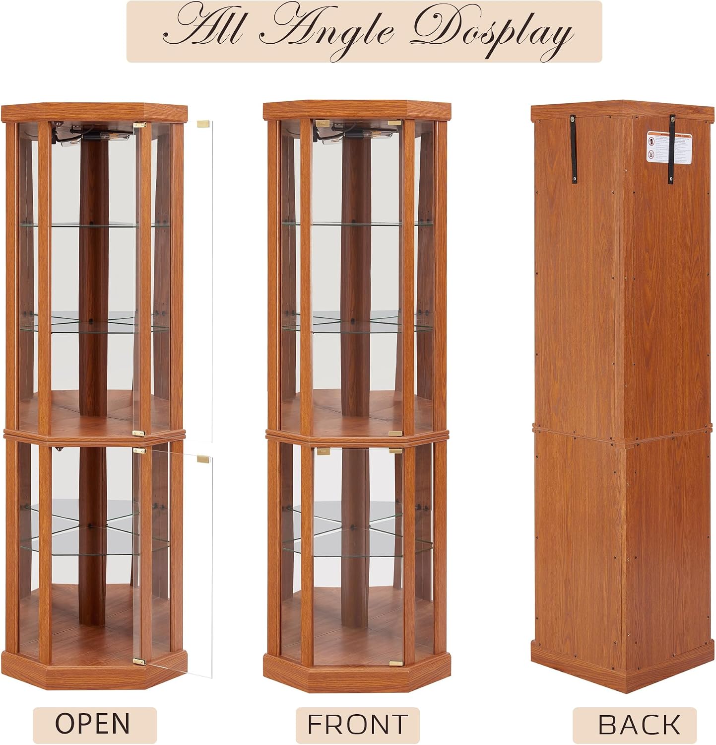 Corner Curio Cabinet, 70' H Lighted Glass Display Cage with Tempered Glass Doors and 5 Adjustable Shelves, Light Bulb Inclued, Wine Bar China Cabinet for Living Room (Dark Oak)