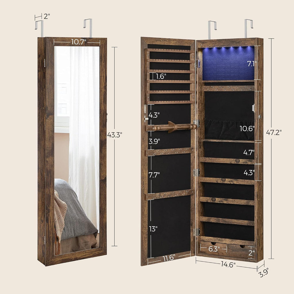 SONGMICS 6 LEDs Mirror Jewelry Cabinet, 47.2-Inch Tall Lockable Wall or Door Mounted Jewelry Armoire Organizer with Mirror, 2 Drawers, 3.9 x 14.6 x 47.2 Inches, Rustic Brown UJJC93CB