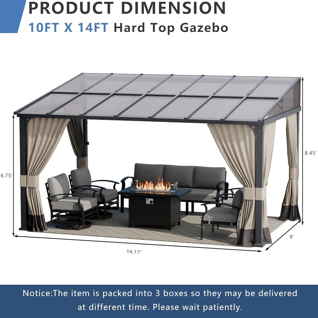 ALAULM 10'x 14' Outdoor Hardtop Pergola,Wall Mounted Lean to Gazebo with Curtains and Netting,Galvanized Metal Frame,Sunshade for Patio, Backyard, Deck and Lawns-Sand