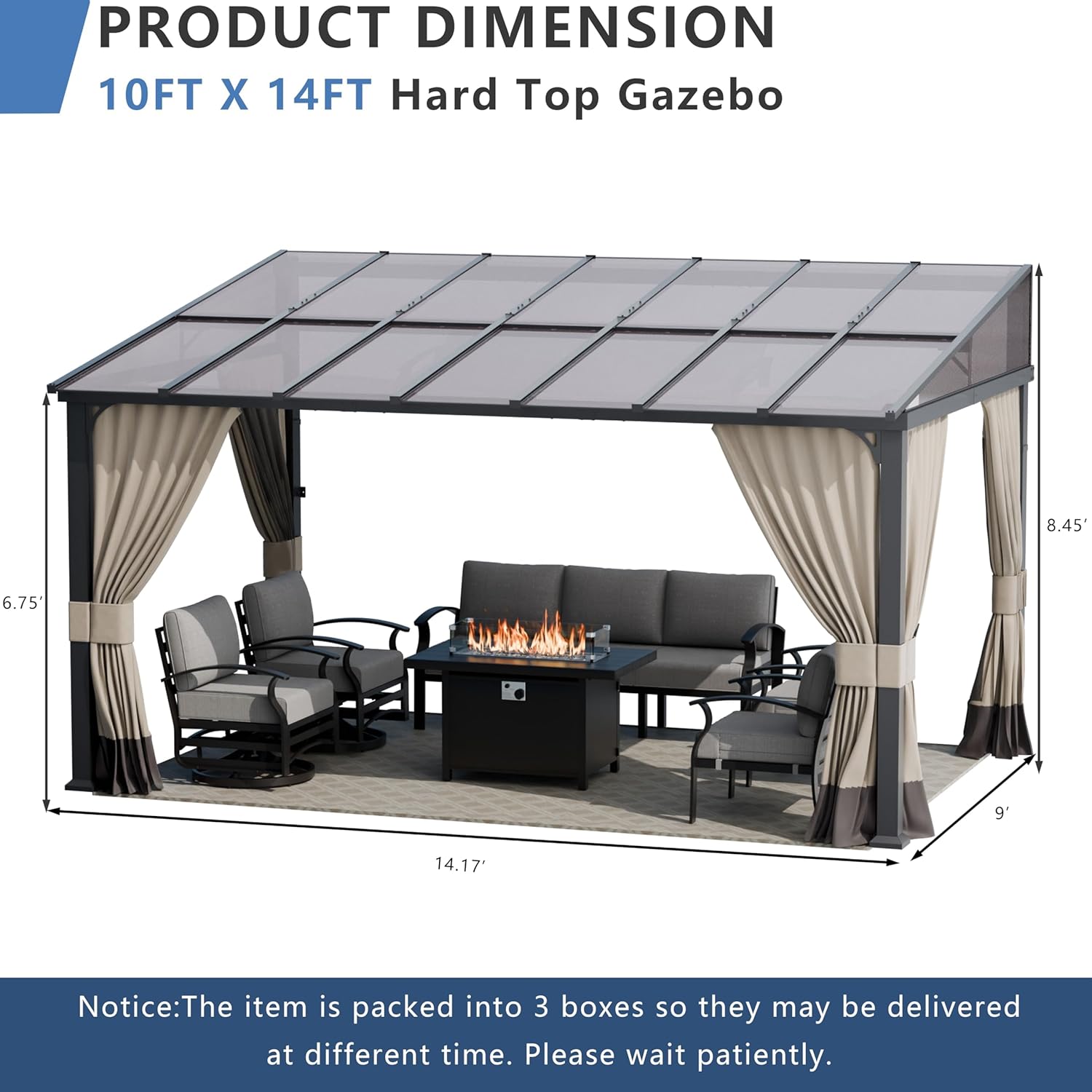 ALAULM 10'x 14' Outdoor Hardtop Pergola,Wall Mounted Lean to Gazebo with Curtains and Netting,Galvanized Metal Frame,Sunshade for Patio, Backyard, Deck and Lawns-Sand