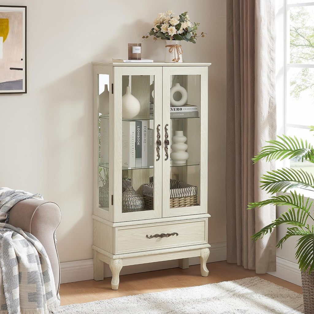 Glass Display Cabinet with Doors and Drawer, Lighted Curio Display Cabinet with Adjustable Glass Shelves and Mirrored Back Panel, Retro Floor Standing Storage Cabinets for Living Room, Antique White