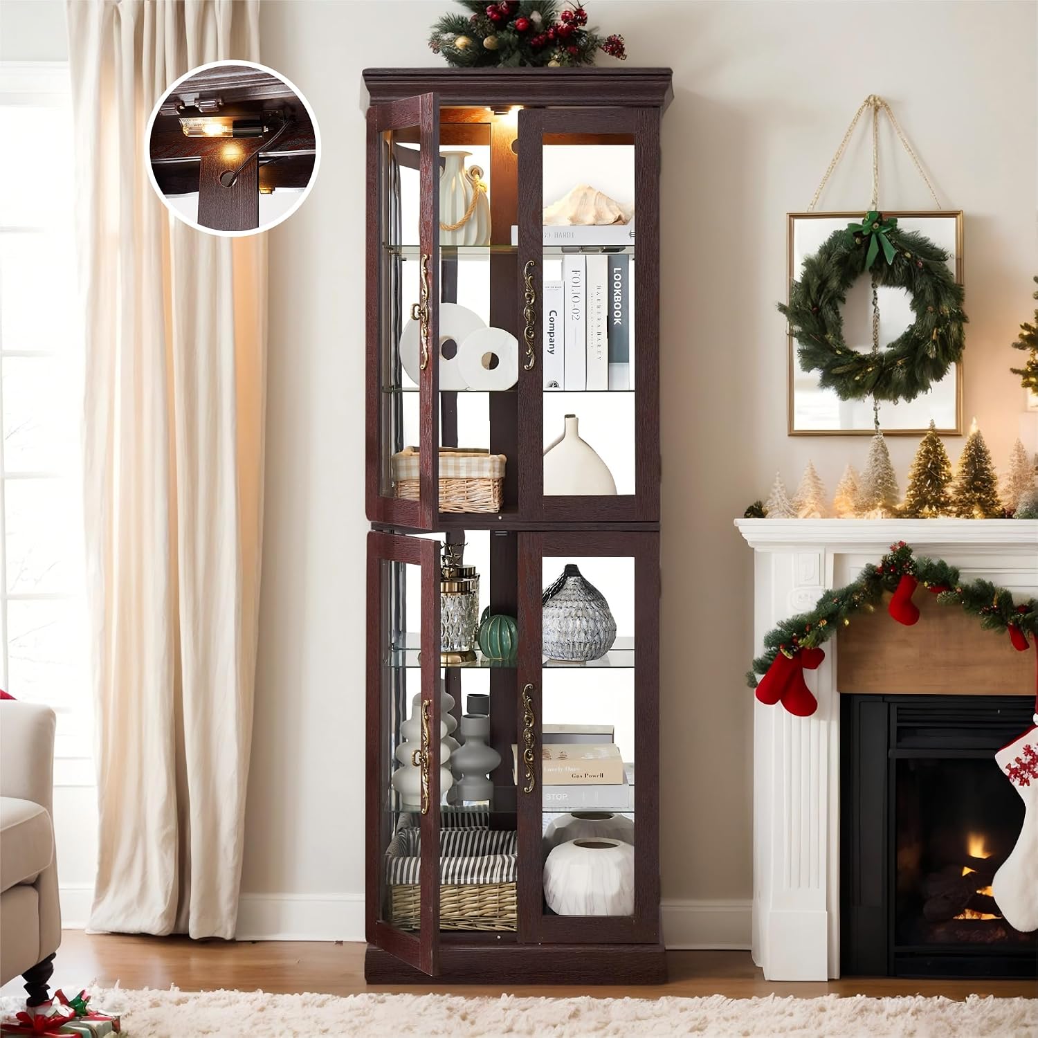 Lighted Curio Cabinet 71' Vintage Glass Display Case with Adjustable Shelves, 4 Tempered Glass Doors, Bulb Included, Wooden Square Wine Bar China Cabinet for Living Room Liquor Storage (Dark Cherry)