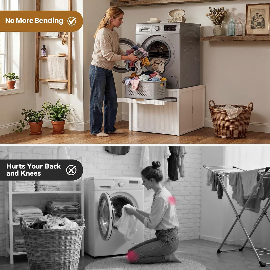 DTK Laundry Workstation Washer Dryer Pedestal with Pull-Out Laundry Basket Shelf,Washer and Dryer Stand with Storage Drawer,Waterproof Steel Top&Anti-Slip Base Fits Most Washing Machines and Dryers