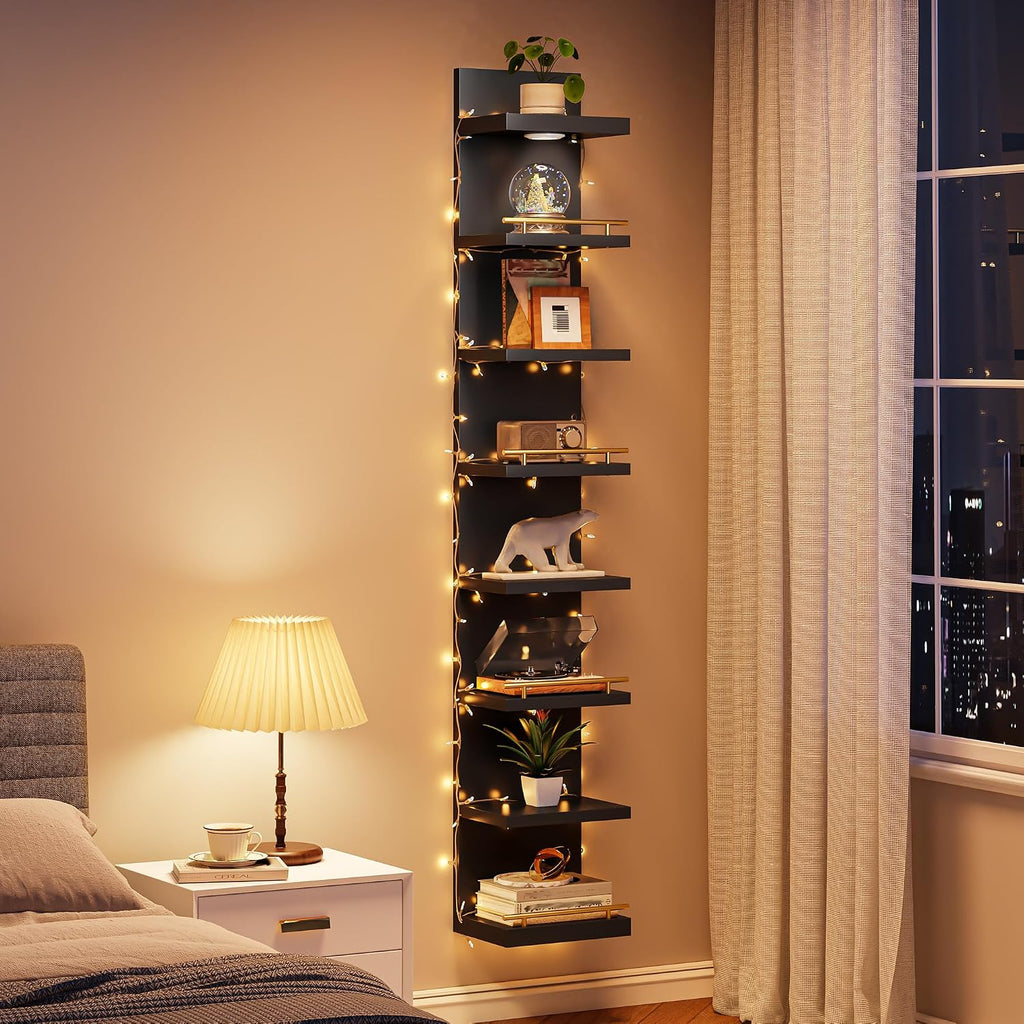 DurayLoly 2 Pack 8 Tier Wall Shelf Unit, Wood Floating Shelves, Display Shelf with LED Light, Floating Shelf for Living Room, Bedroom or Vanity Storage