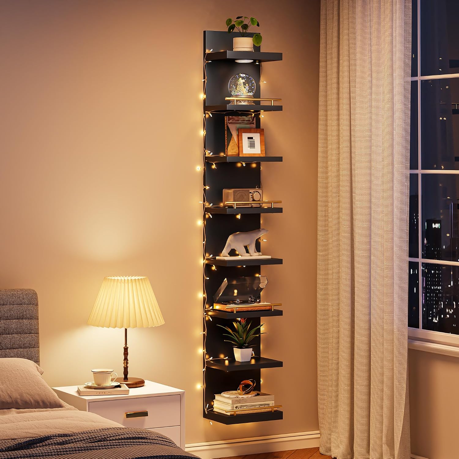 DurayLoly 2 Pack 8 Tier Wall Shelf Unit, Wood Floating Shelves, Display Shelf with LED Light, Floating Shelf for Living Room, Bedroom or Vanity Storage