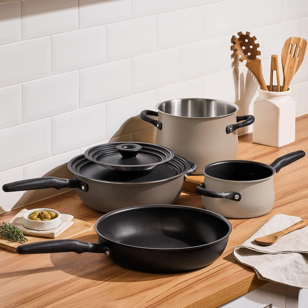 Meyer 6pc Stackable Set with Universal Lids | Hard Anodized Non Stick and Stainless Steel Pots and Pans | Induction Compatible | Dishwasher Safe | Oven Safe | Black & Gray | Accent Series Cookware