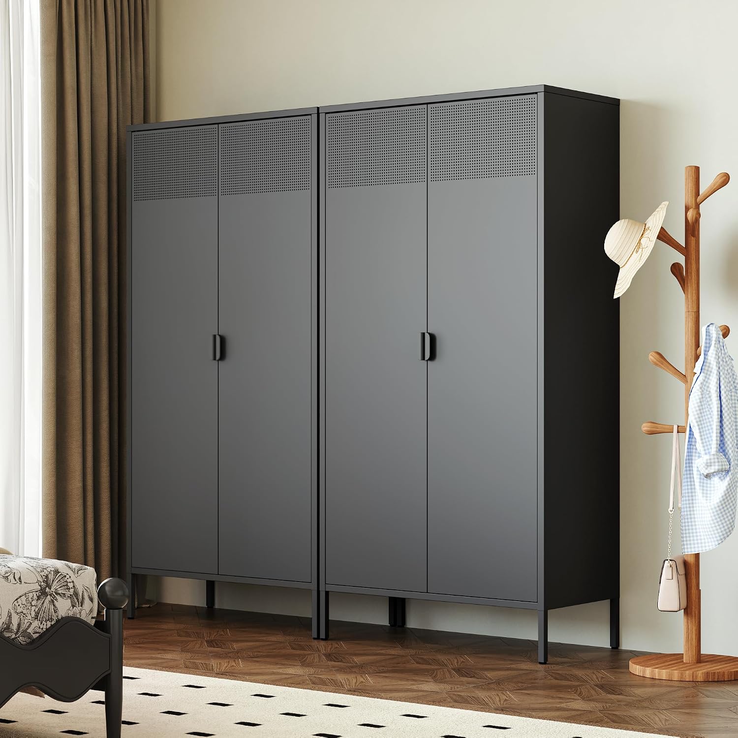 Ustamio 71 Inches Black Metal Wardrobe Cabinet with Hanging Rod, Metal Armoire Wardrobe Closet with Doors for Bedroom, Office, Laundry Room and Changing Room, Metal Locker Cabinet