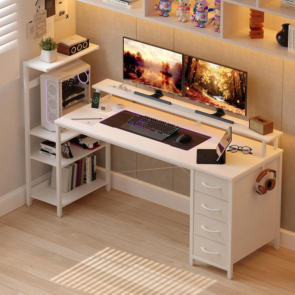 59 Inch Gaming Desk with LED Lights and Power Outlets, Computer Desk with Storage Shelves, Fabric Drawers, Monitor Stand & Side Hook, Reversible Gamer Table for Home Office, Carbon Fiber White