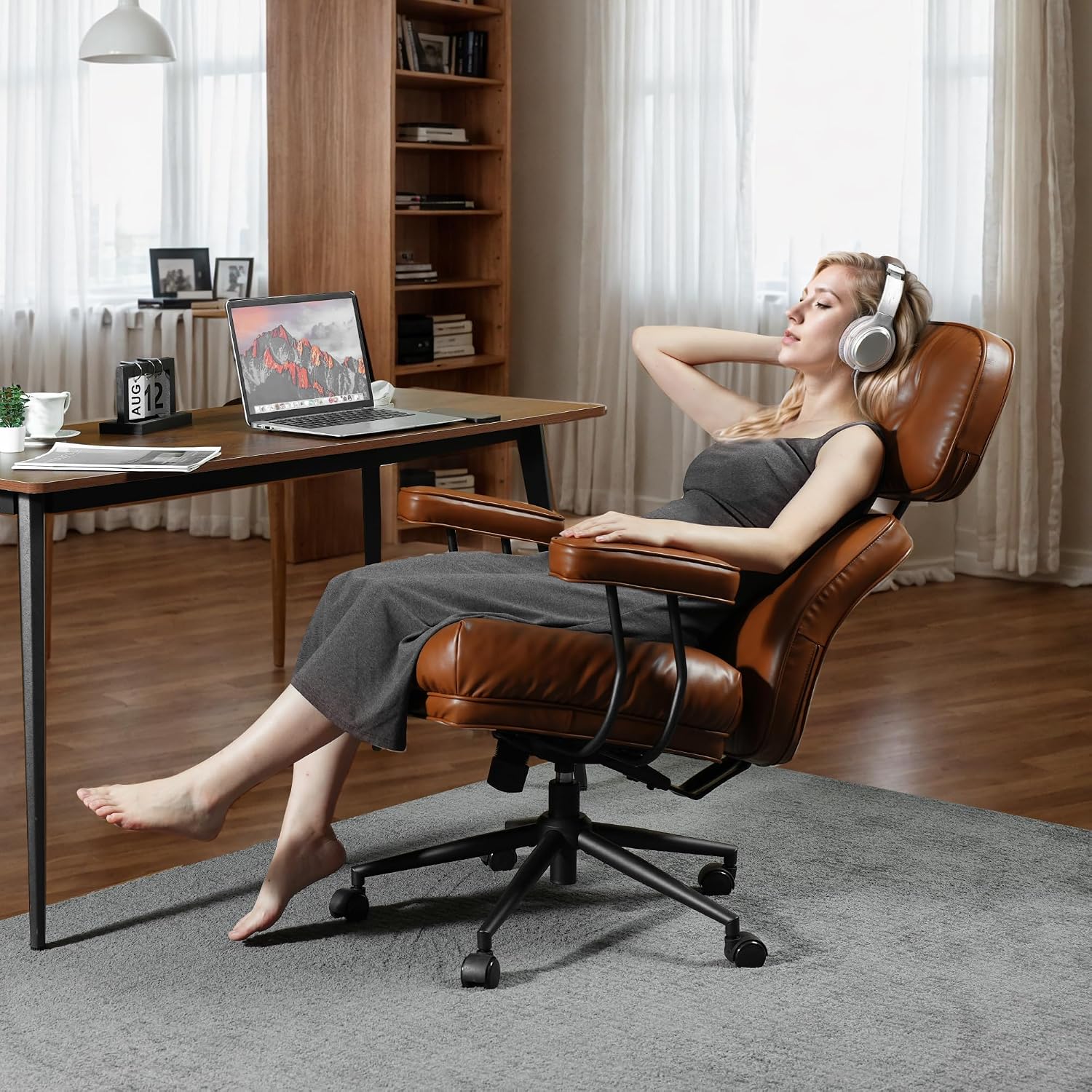 CAODOC Big and Tall Office Chair, 300LBS PU Leather Executive Office Chair Whit Lumbar Support, Managerial Home Desk Chair, Heavy Duty High Back Computer Chair(PU Leather Brown)