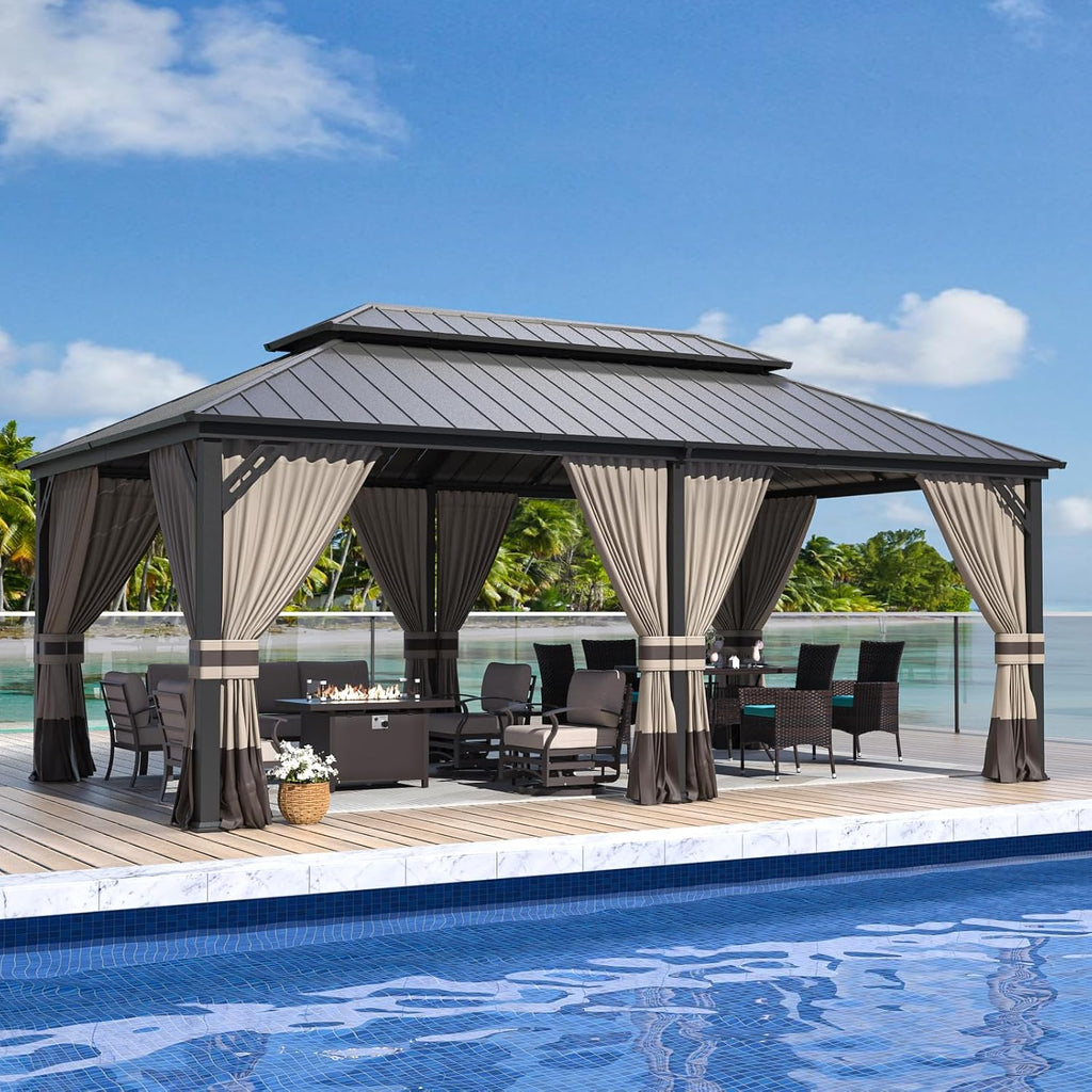 ALAULM 12'x20' Hardtop Gazebo, Outdoor Double Roof Canopy with Netting and Curtains, Galvanized Metal Frame, Sunshade for Patio, Backyard, Deck and Lawns-Sand