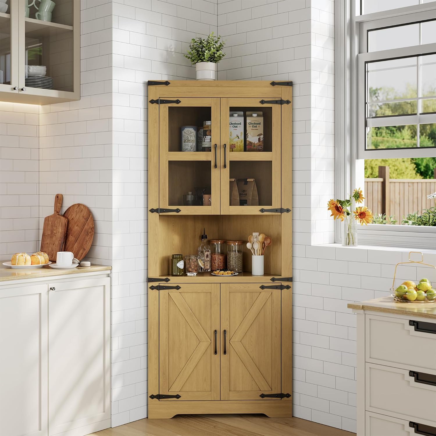 GarveeHome 67' Tall Corner Storage Cabinet, Farmhouse Corner Hutch Display Cabinet with Glass Doors, Wooden Storage Organizer for Kitchen, Living Room, Bathroom, Natural