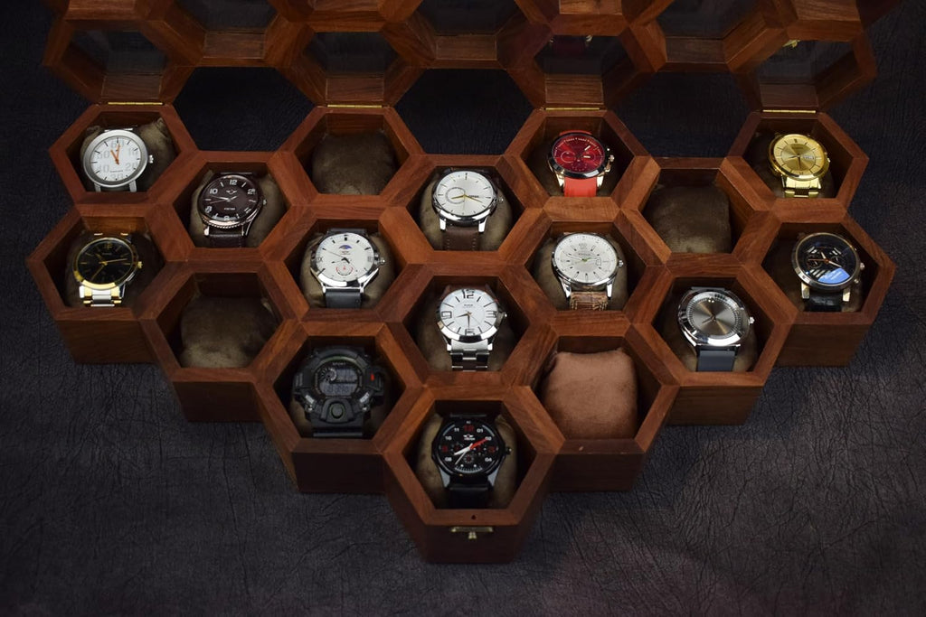 Extra Large Superior Rosewood Honeycomb Watch Box Display Case Holder Collector Organizer for Men, Men's Vintage Watch Storage Box to Store and Keep your Watches Safe and Sophisticated.