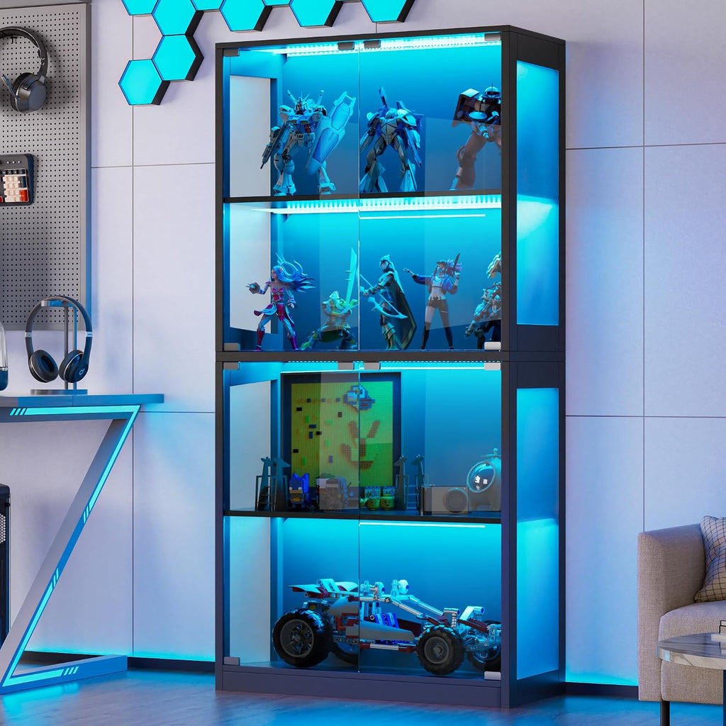 Grepatio Glass Display Cabinet, 4-Tier Display Cases for Collectibles, Curio Cabinet with Smart Color Lights, Display Shelf Bookcase Kids Toy Cabinets for Collectible, Living Room, Playroom (Black)