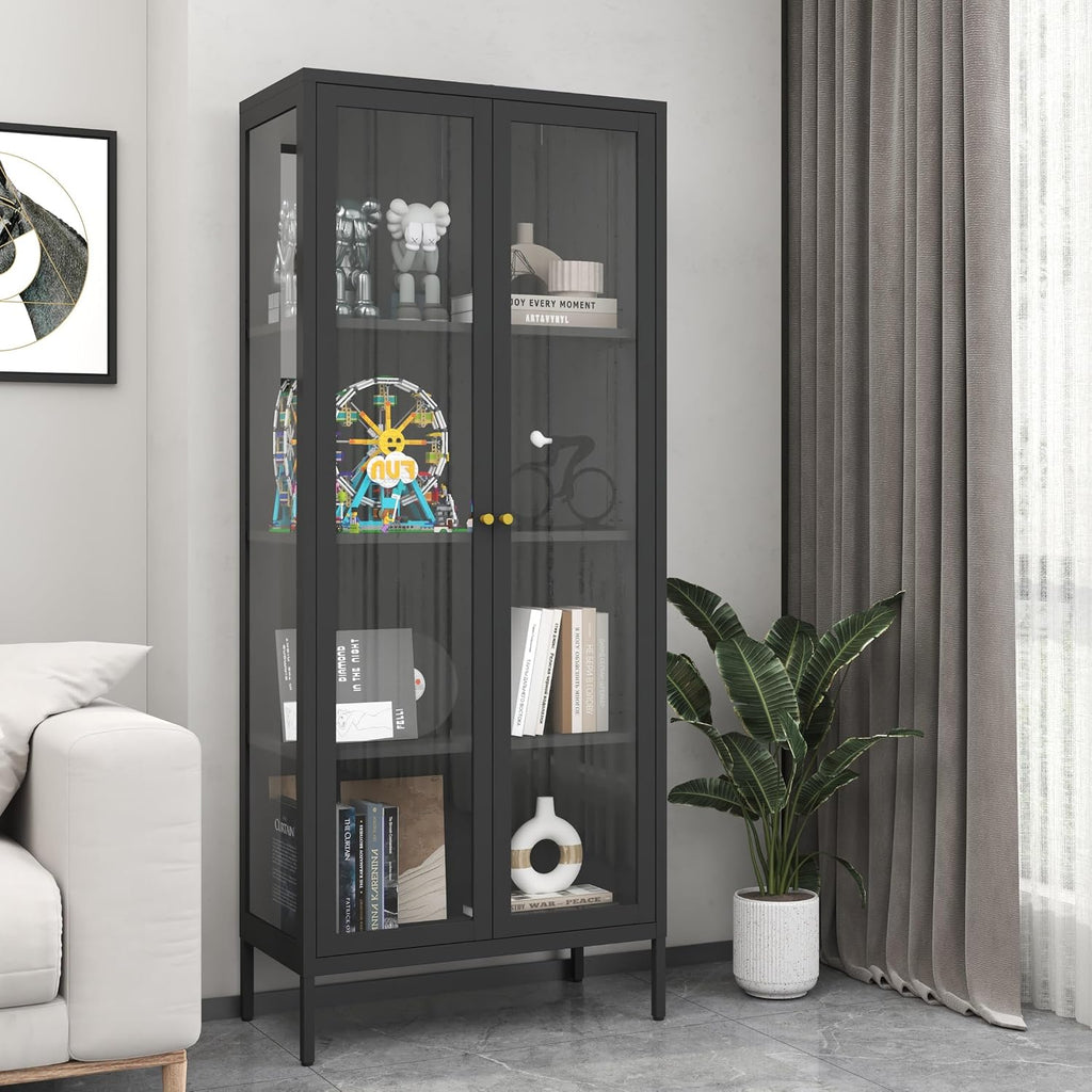 Metal Display Cabinet with Glass Doors, 66' Curio Cabinet with 3 Ajustable Shelves, Glass Display Case for Collectibles, Black Cabinets for Living Room