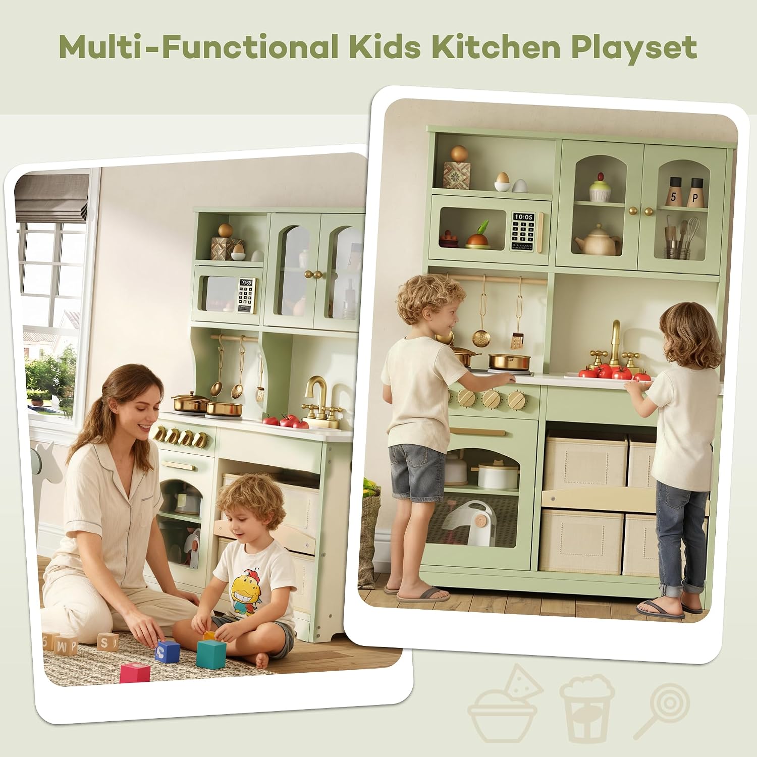 knoworld Play Kitchen for Kids, Wooden Toy Kitchen Set with Smart Storage & Accessories, Toddler Kitchen Playset with Stove & Oven, Pretend Play Set, Gift for Ages 3+, Green