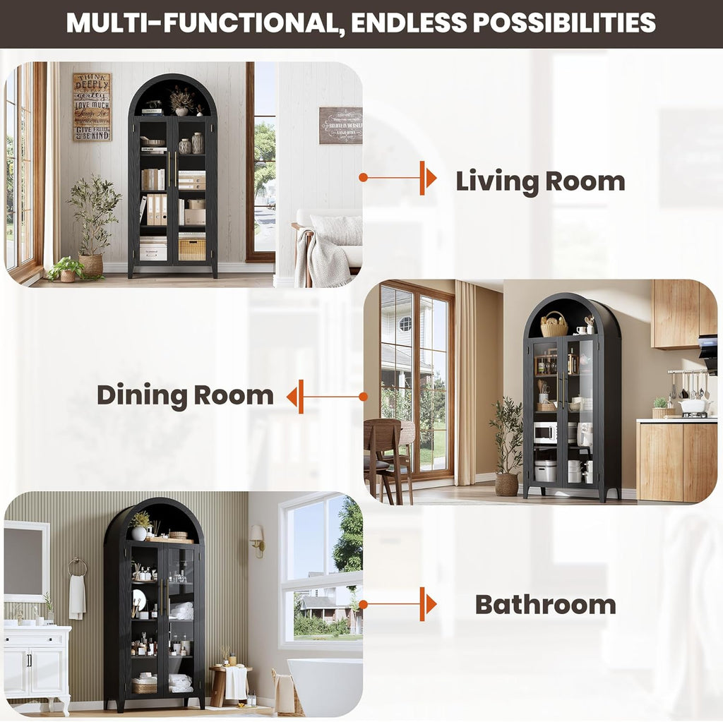 IDEALHOUSE Arched Kitchen Pantry Storage Cabinet - Farmhouse 5-Tier Display Shelf with 2 Large Glass Doors and Adjustable Shelf, Versatile Cupboard for Kitchen, Dining Room, Living Room, Black