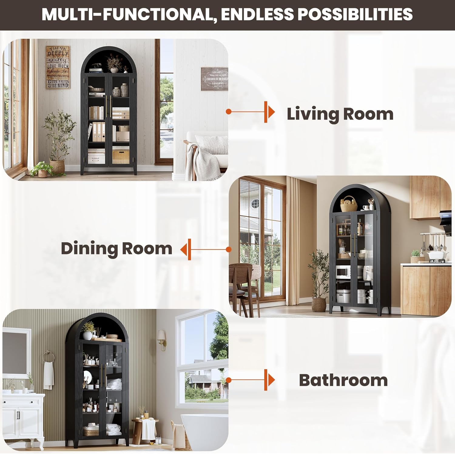 IDEALHOUSE Arched Kitchen Pantry Storage Cabinet - Farmhouse 5-Tier Display Shelf with 2 Large Glass Doors and Adjustable Shelf, Versatile Cupboard for Kitchen, Dining Room, Living Room, Black